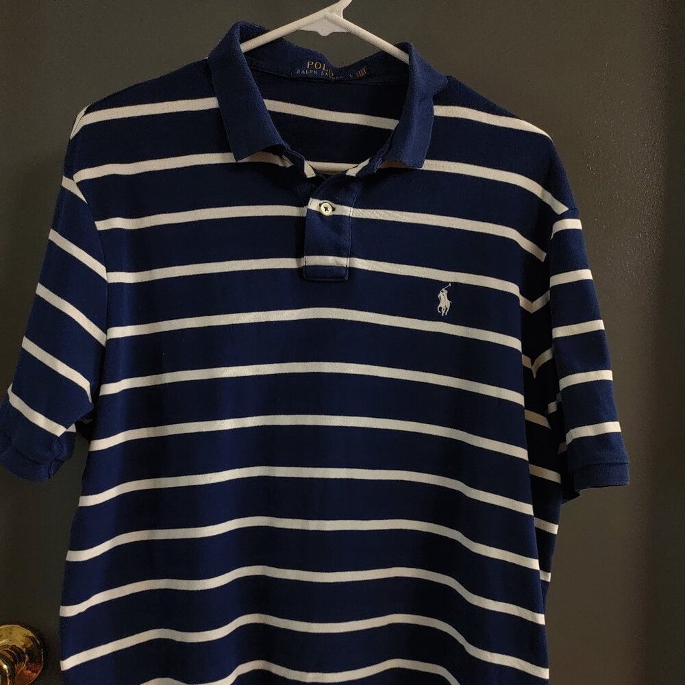 Polo Ralph Lauren Polo Shirt Men's Large Blue White Broad Stripes Preppy Casual